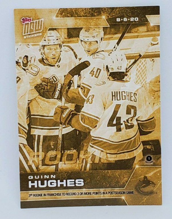 2020 PLAYOFFS TOPPS NOW Day 5 #SCP-19G Gold (back of pack proof) - Quinn Hughes est (1 of 5)